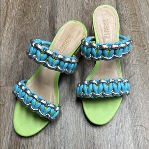 SCHUTZ Juliet Green and Blue Braided Sandals